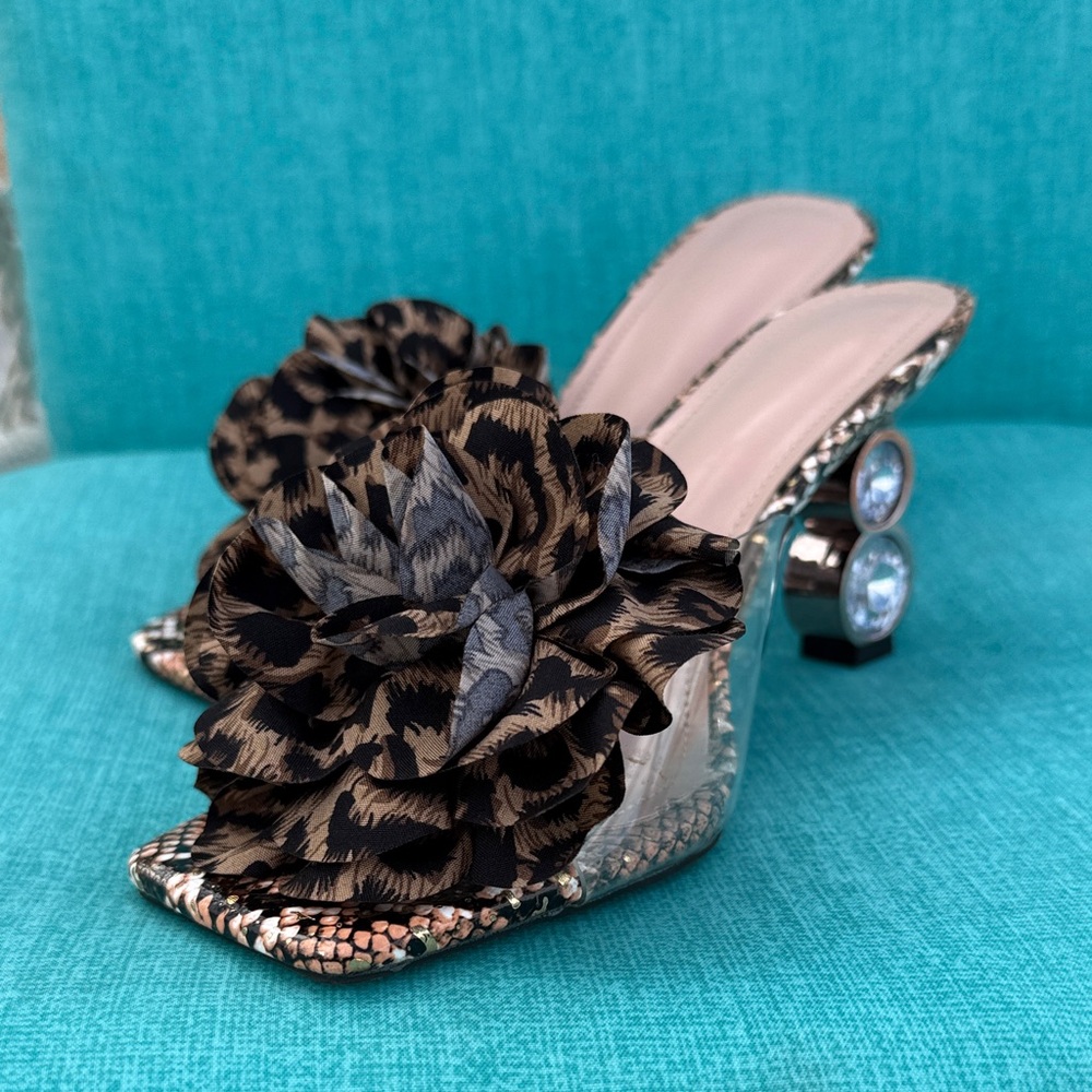 Embellished Floral Slide Heels in Brown & Black